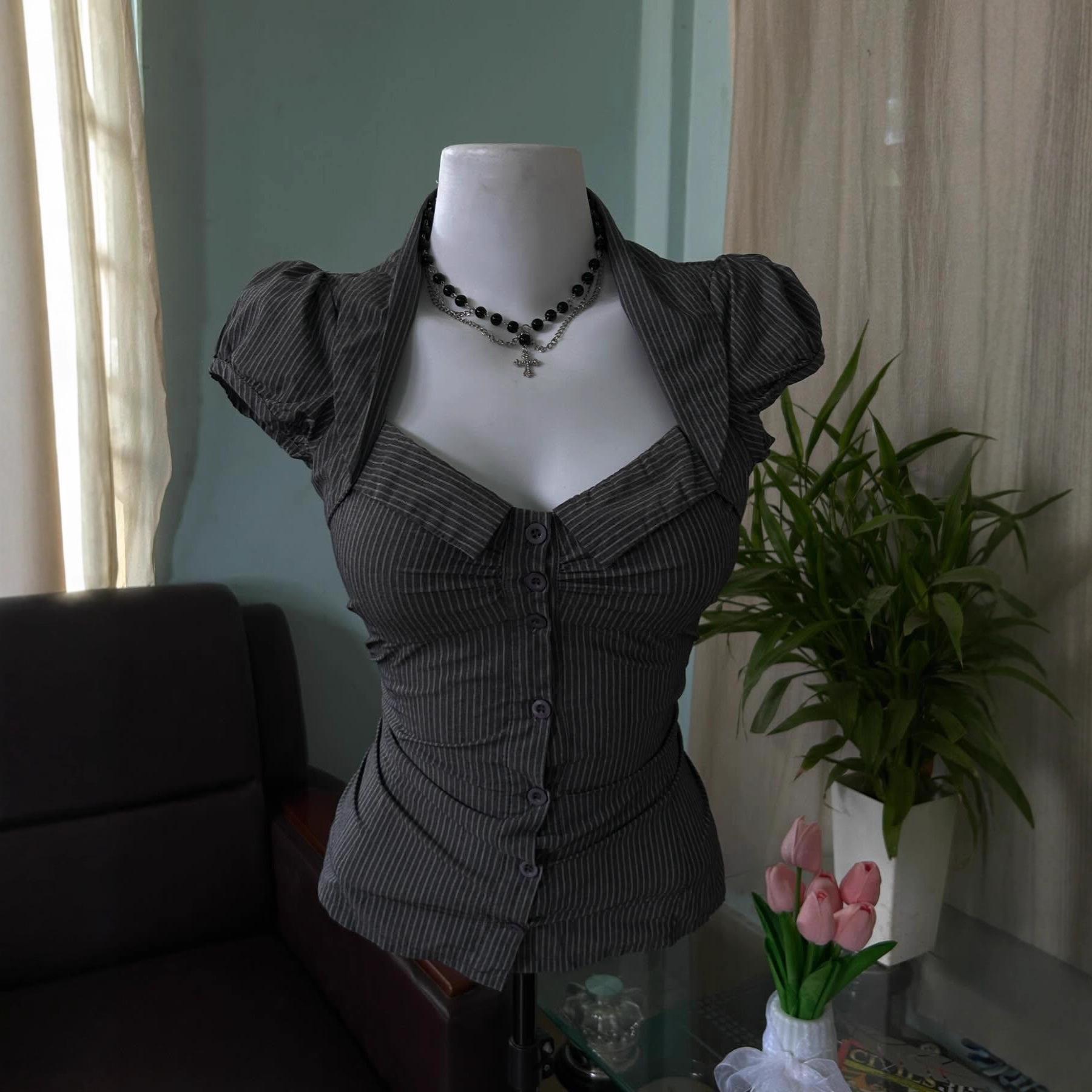 

Gothic Style Waist-Cinched Striped Square Neck Top - Women’s Summer 2026 Collection L