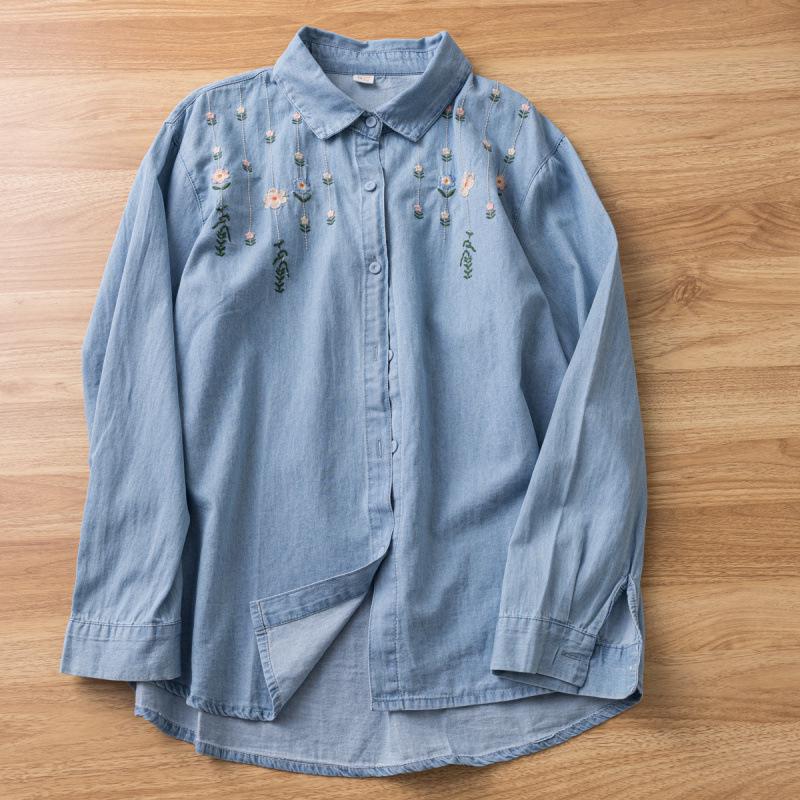 Women's Retro Cartoon Embroidered Cotton Denim Shirt - Long Sleeve, Casual Top for Spring/Autumn 2025