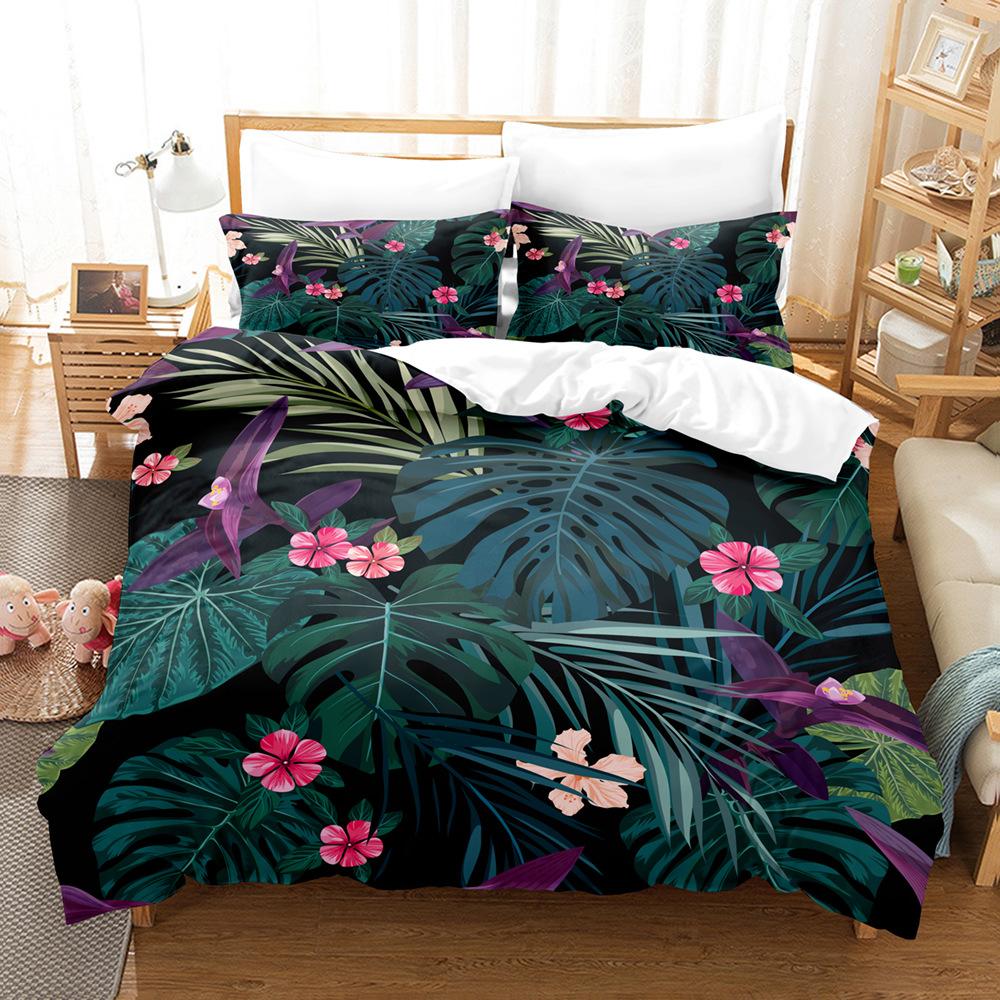 3D Digital Printing Quilt Cover Tropical Plant Green Leaf Flower Three-Piece Set Abrasive Bedding