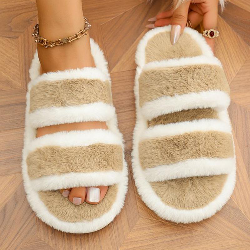 Fashion Indoor Furry Warm House Slippers Women Chic Mix Color Cotton Slides Woman Autumn Winter Open Toe Non Slip Plush Slippers Ladies