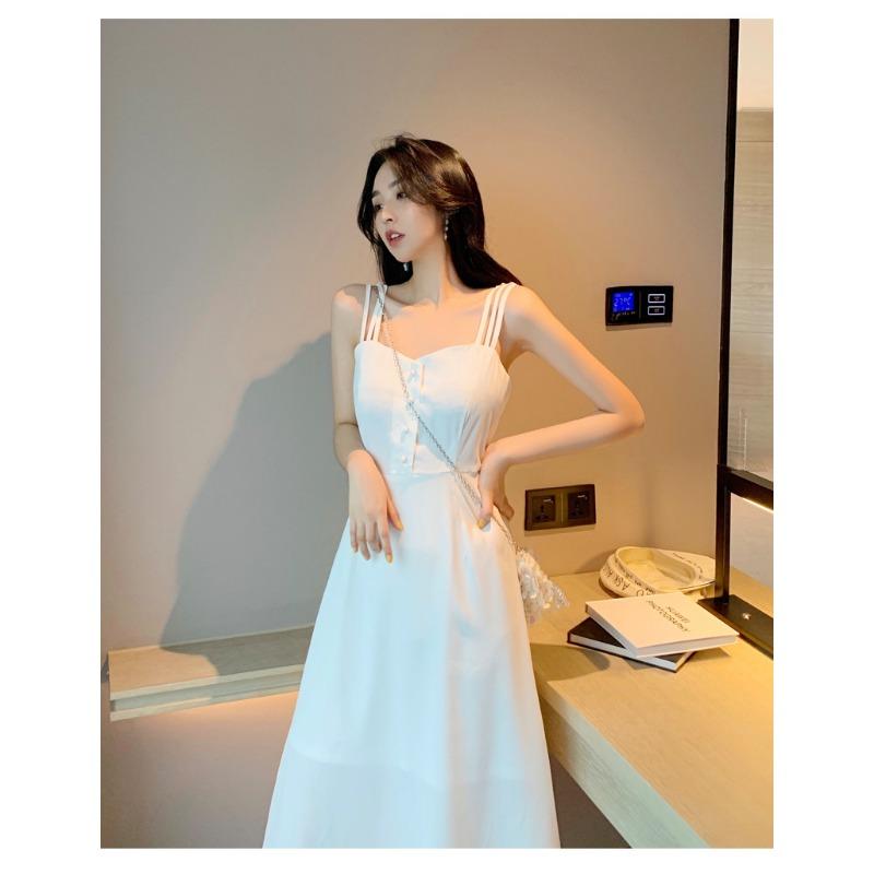 YYFS Dámská móda Léto Jaro Jednobarevný potisk Podvazky bez rukávů Ležérní šaty s vysokým pasem