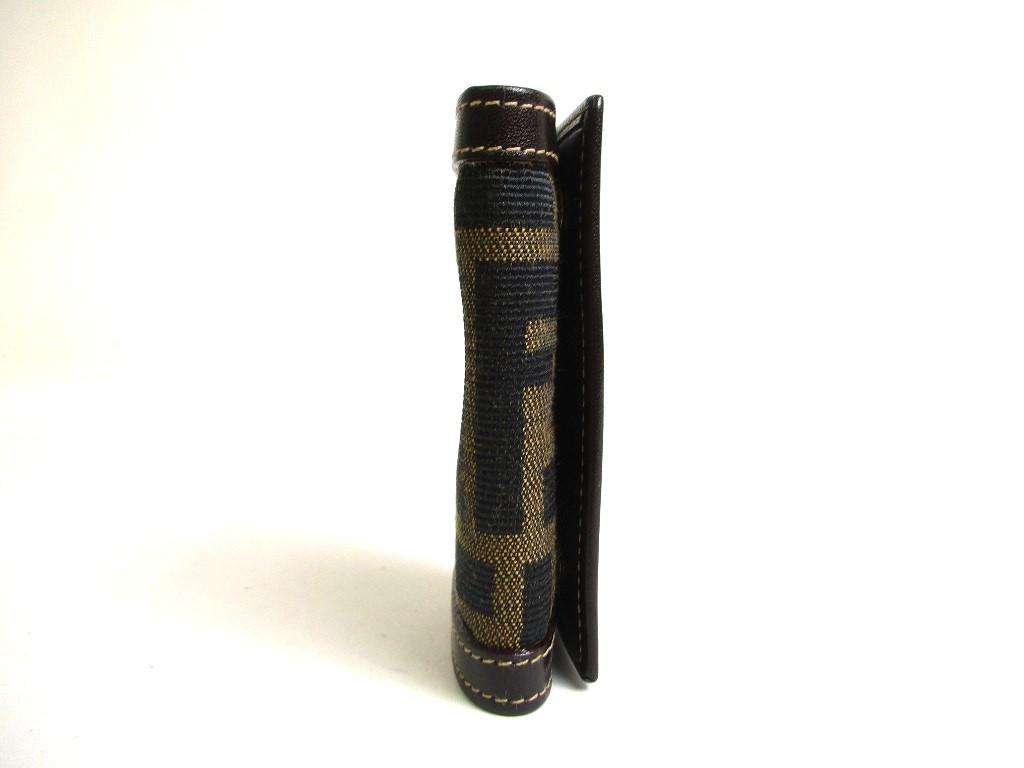 Authentic FENDI Zucca Khaki Canvas Dark Brown Leather 6pics Key Chain #a455  Refurbished