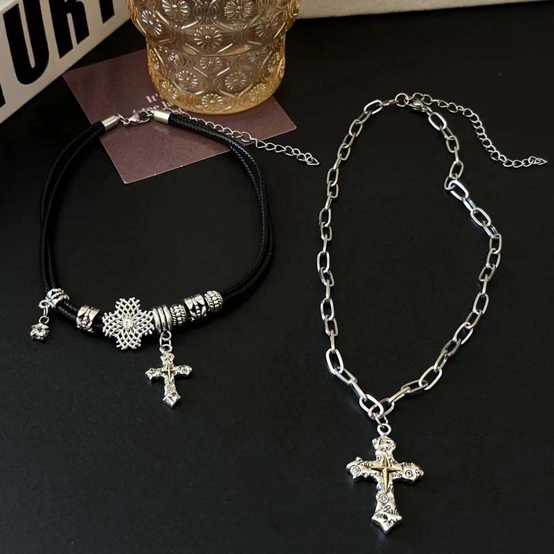 Punk Silver Color Cross Pendant Necklaces for Women Vintage Metal Double Layered Choker Necklaces Party Jewelry Gifts