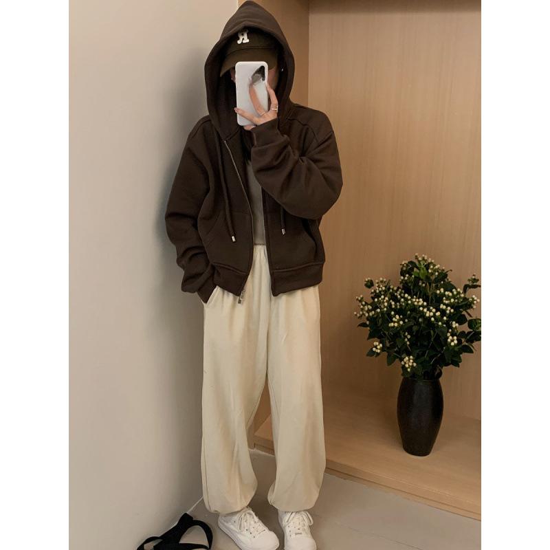 

Свитер с капюшоном Lino Solid Color, женский, осенний, минималистичный, свободные карманы, короткий кардиган, куртка, удобная, универсальная и модная L коричневый