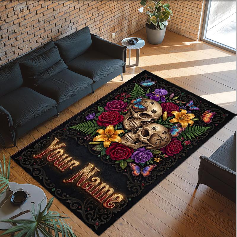 Day of the Dead Theme Crystal Velvet Rug Personalized Custom Name Text Soft Floor Mat Home Decor