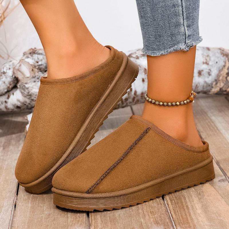 Fashion Plus Size Women's Shoes Wide Fat Feet Retro Platform Outside Wear Autumn and Winter Plus Fleece Baotou Half Slippers
