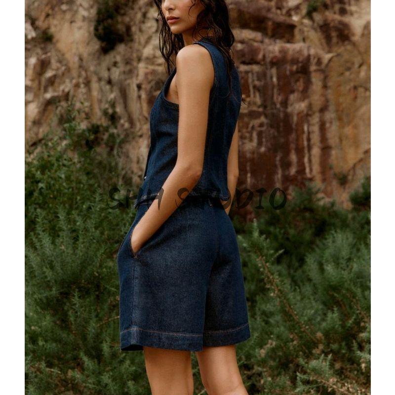 Round Neck Sleeveless Gold Button Decoration Denim Vest 6164109 Denim Pleated Belt Shorts 6164112