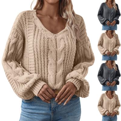 Lässiges, modisches, langärmliges Strick-Pullover-Oberteil mit V-Ausschnitt und Aufdruck für Damen