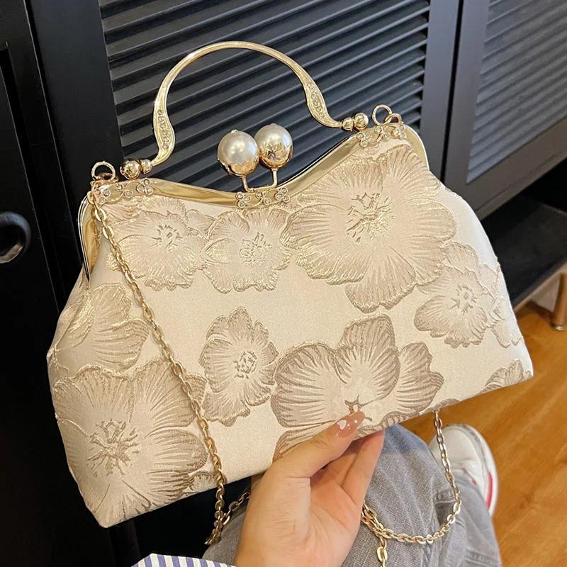 

Винтажный цветочный клатч для женщин, свадебный ужин, ракушка, зажим, вечерний клатч, ремень, сумки, вышитые цепочки, кошельки и сумки