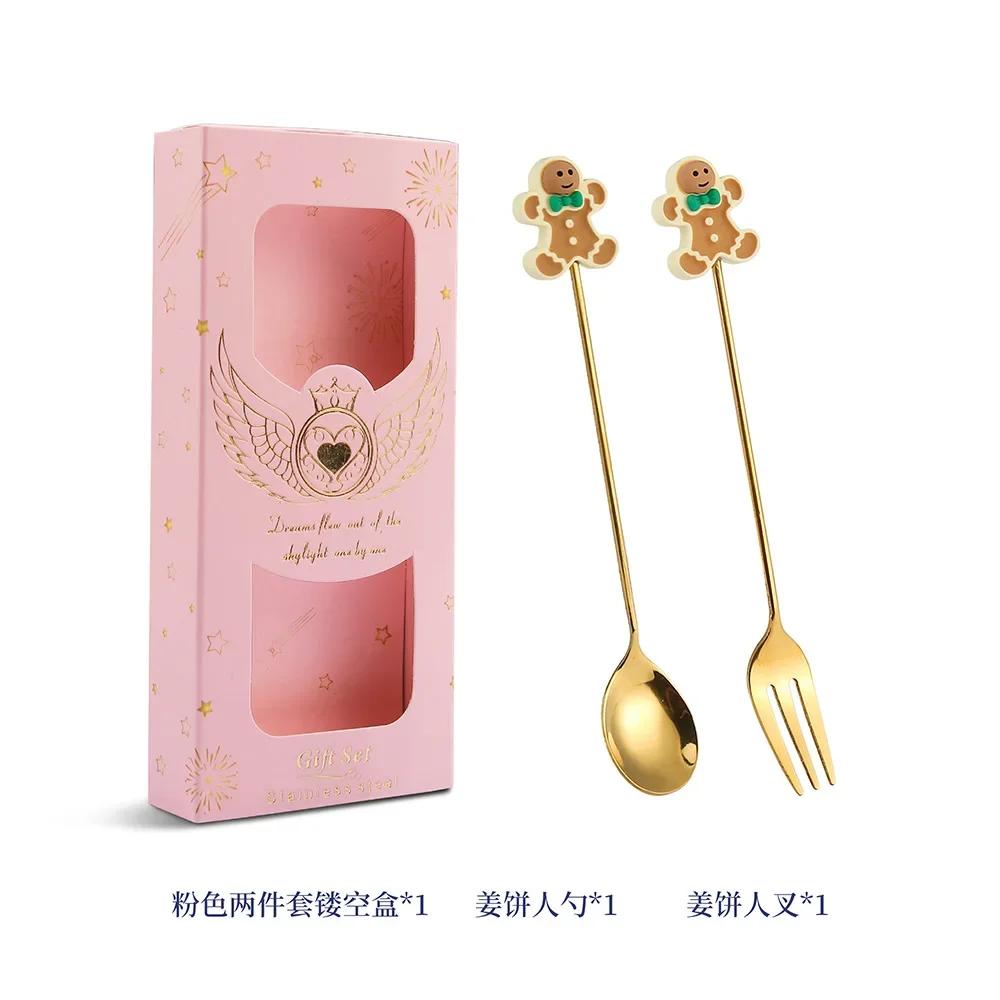 2025 Christmas Spoon and Fork Set Stainless Steel Creative Tableware Coffee Tea Dessert Spoon Spoons with Gift Box 6Pcs New