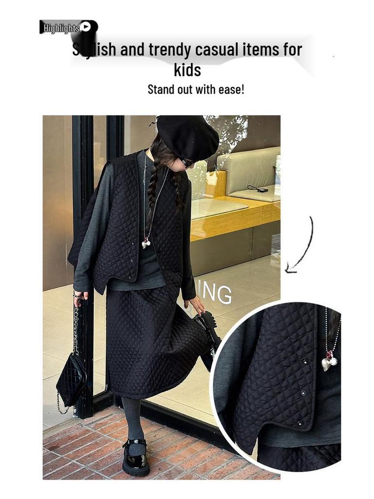 Set Vestă Matlasată și Fustă Midi pentru Fete - Modă Toamnă/Iarnă