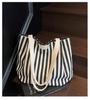 Retro Striped Canvas Tote: Fashionable Large-Capacity Single Shoulder Shopping Bag for Women