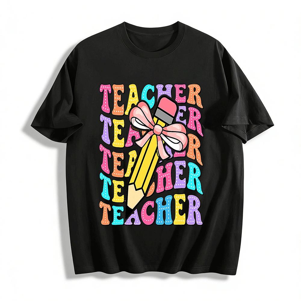 Polka Dot TEACHER Pencil Bow Teacher Themed Casual Top Pure cotton T-shirt XXS