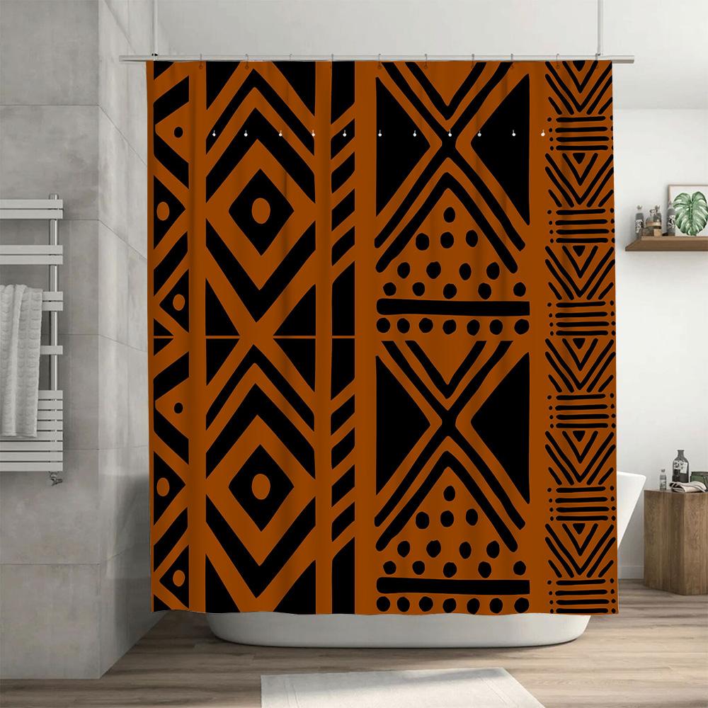 Bath Shower Curtain Polyester Waterproof Decorative Modern Geometric Print Black and Orange for Bathtub