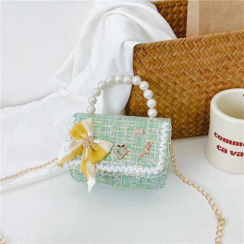 

Stylish Pu Leather Children s Handbag With Cartoon Design And Pearl Accents Green2