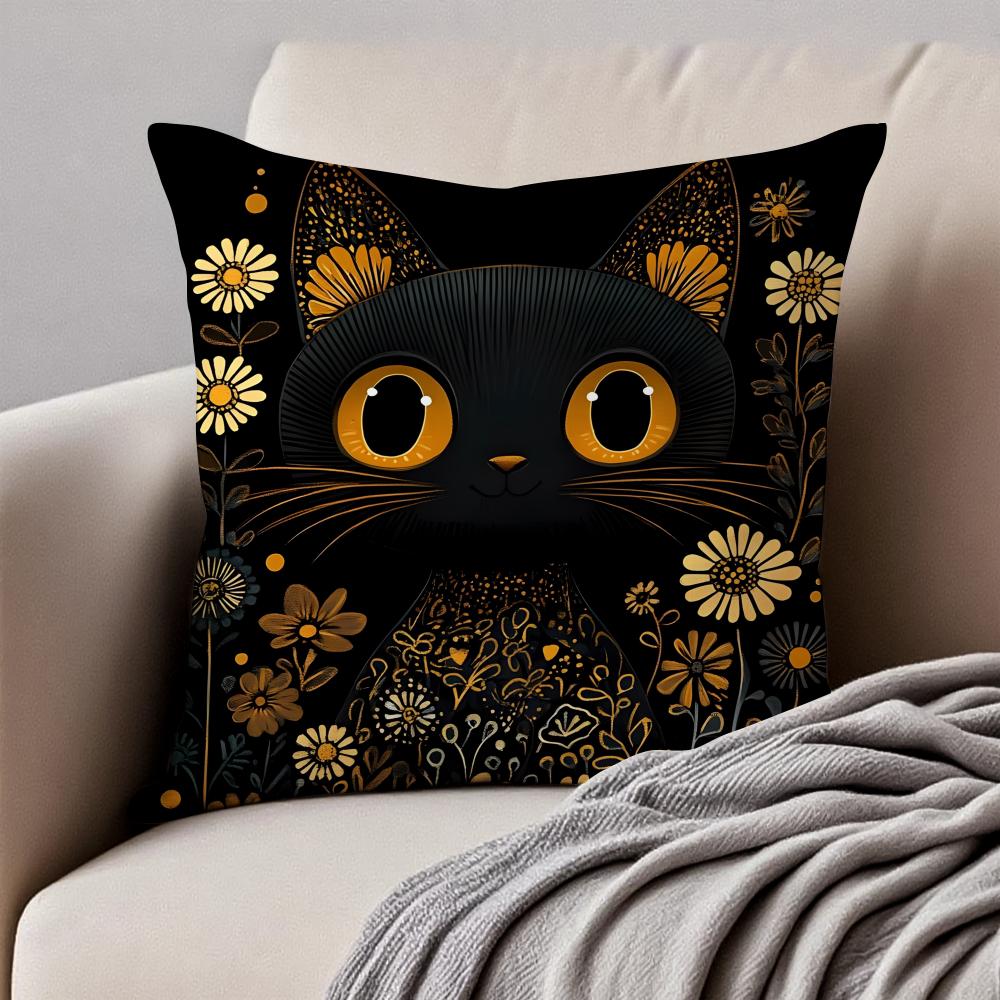 Art Black Cat Cushion Cover Pillowcase Antidustmite Invisible Zipper Short Plush Sofa Cushion