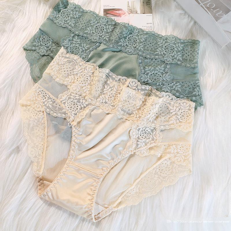 Women Satin Lace Patchwork Underwear Comfortable Panties Ladies Mid Waist Underpants Solid Color Briefs Female Lingerie