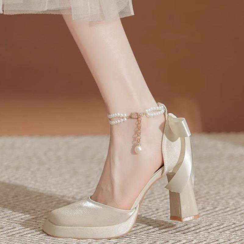 Fashion Spring New Chunky Single Shoes Women's Square Head Shallow Mouth Beaded Butterfly Knot Waterproof Platform High Heels