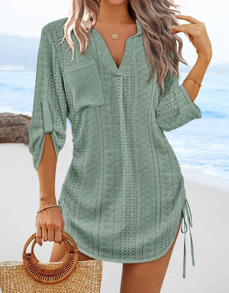 Women's V-Neck Hollow Out Beach Tunic - Lightweight Summer Cover Up with Side Tie Details
