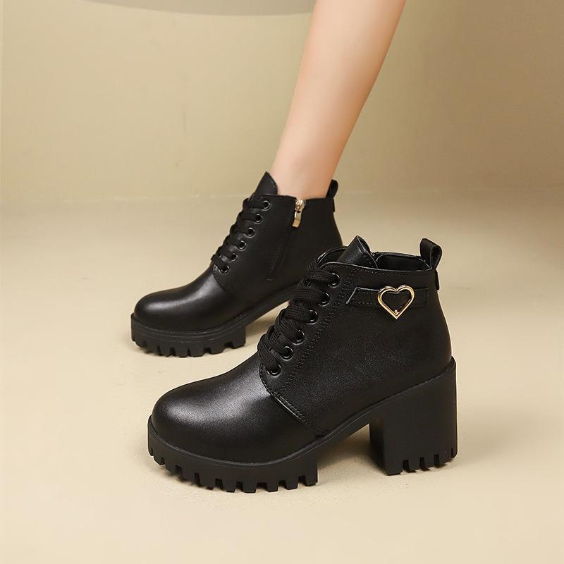 Autumn and Winter Coarse Heel Martin Boots Women, Side Zipper High Heel Round Head Lace-up Short
