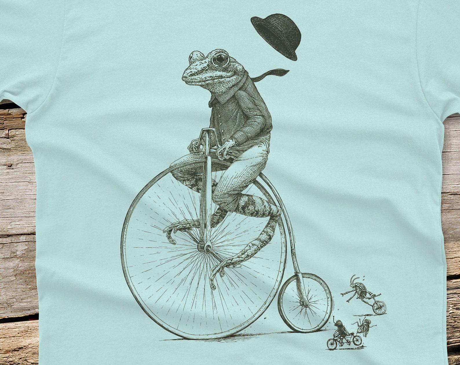 Frog on Penny Farthing T-shirt: Original Animal Bicycle Design, Screen Printed Tee 2XL