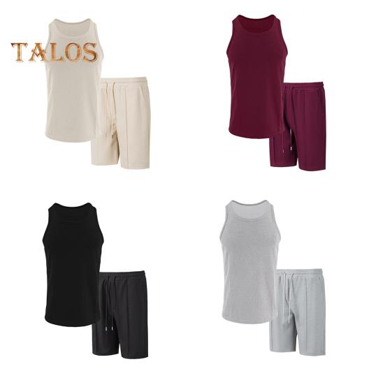 2 stk/sett Herre Sportsklær Vaffelstoff Ensfarget O-hals Ermeløs Vest Elastisk Midje Vide Ben Shorts Dress Fritidsklær