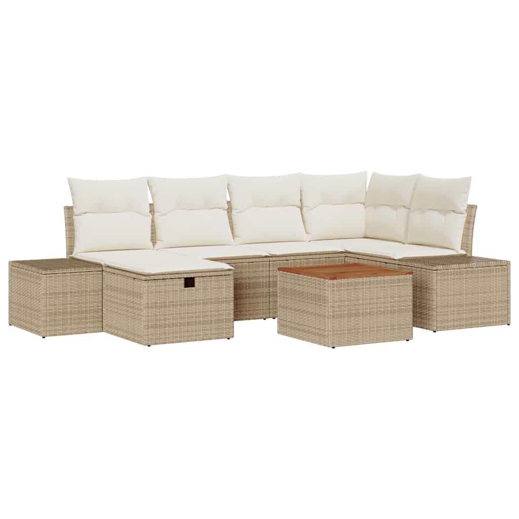 7 Piece Beige Garden Sofa Set with Cushions and Storage