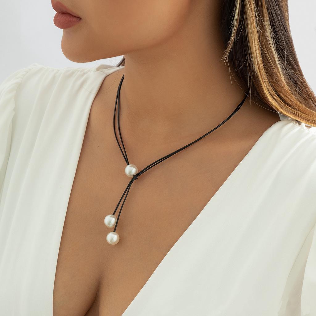 Mode, eenvoud, imitatieparel, sleutelbeenketting, dubbele laag, waxdraad, veelzijdige ketting voor dames
