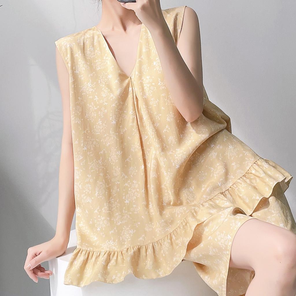 Anti-bumping summer cotton and silk floral sleeveless loungewear set, women's pajamas with chest pads can be worn outside, loose two-piece set