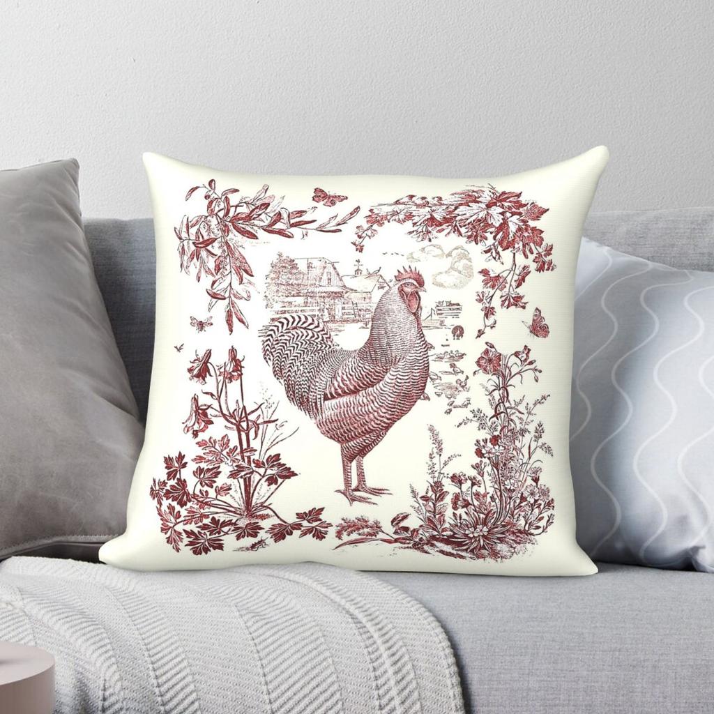 Rustic Rooster Red Floral Country Square Pillowcase Polyester Linen Velvet Printed Decor Throw Pillow Case Home Cushion Cover