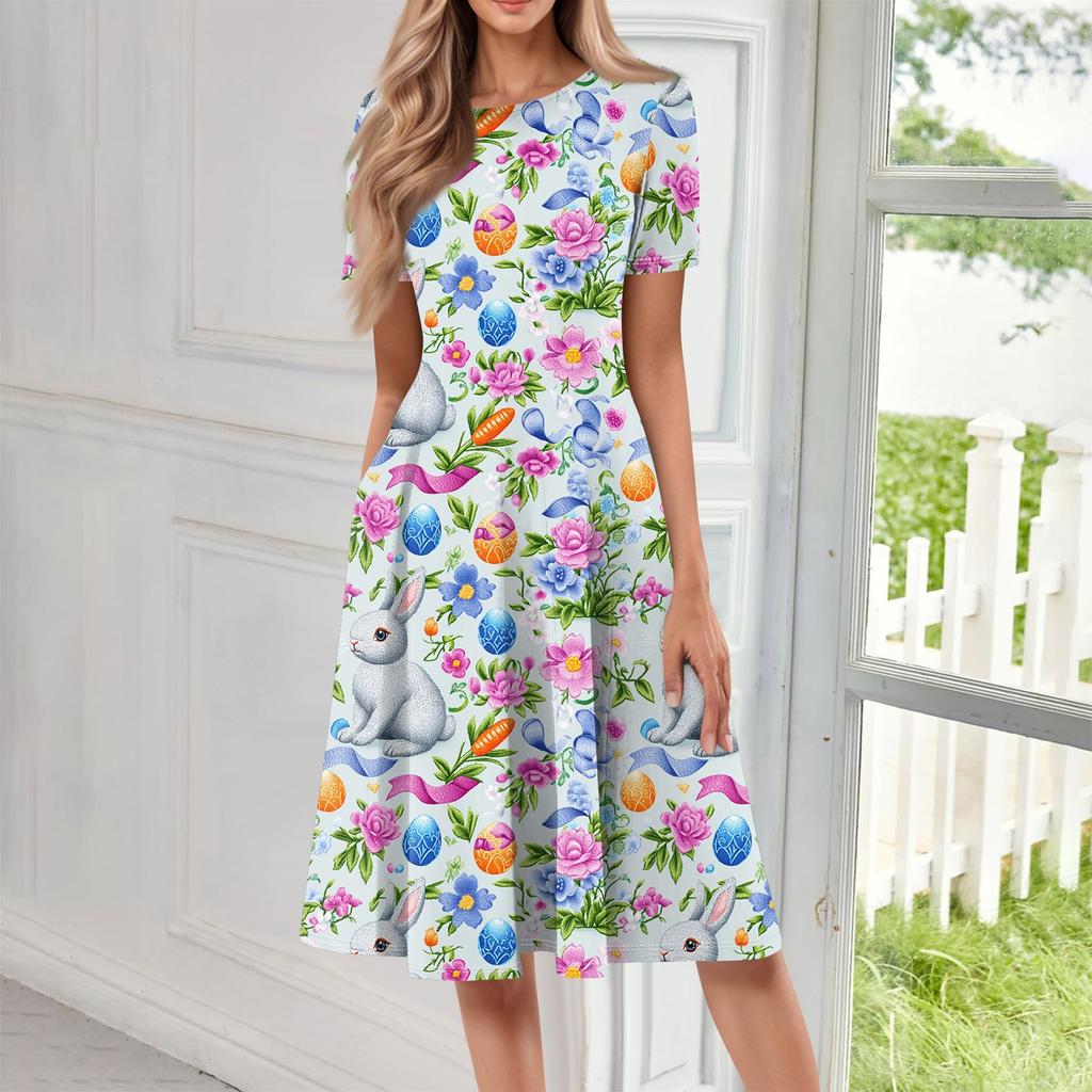 Robe mi-longue imprimée à manches courtes et col rond pour femme, ample, décontractée et tendance