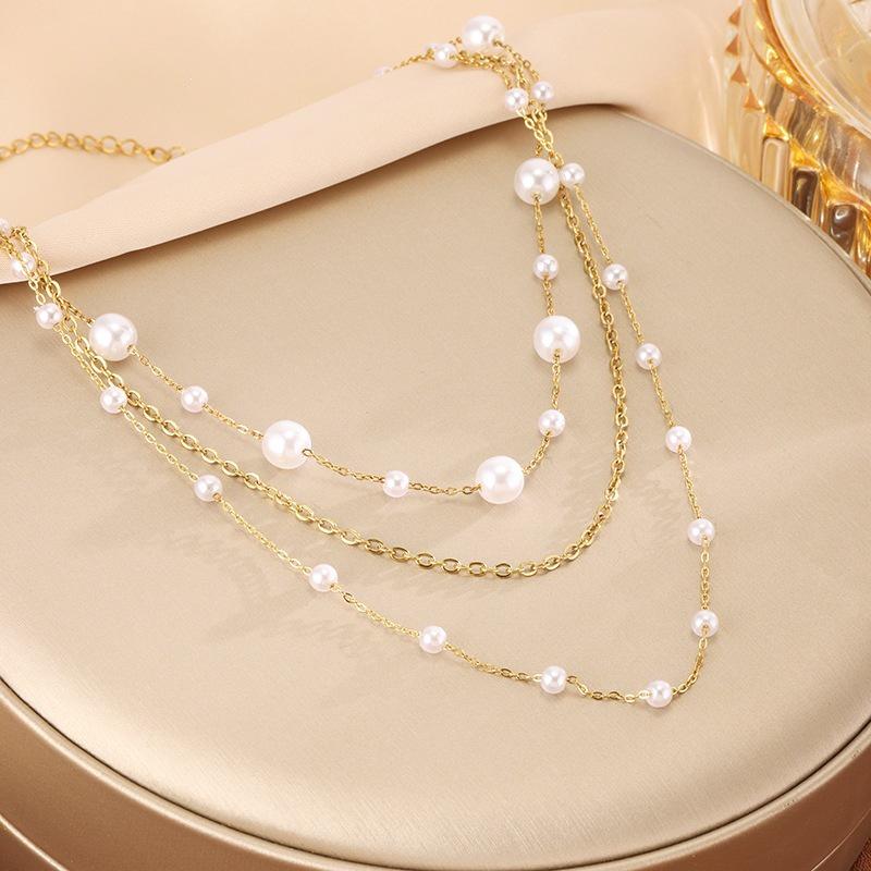 Elegant Double-Layer Pearl Necklace for Women - Light Luxury, Versatile, Autumn/Winter, Titanium Steel