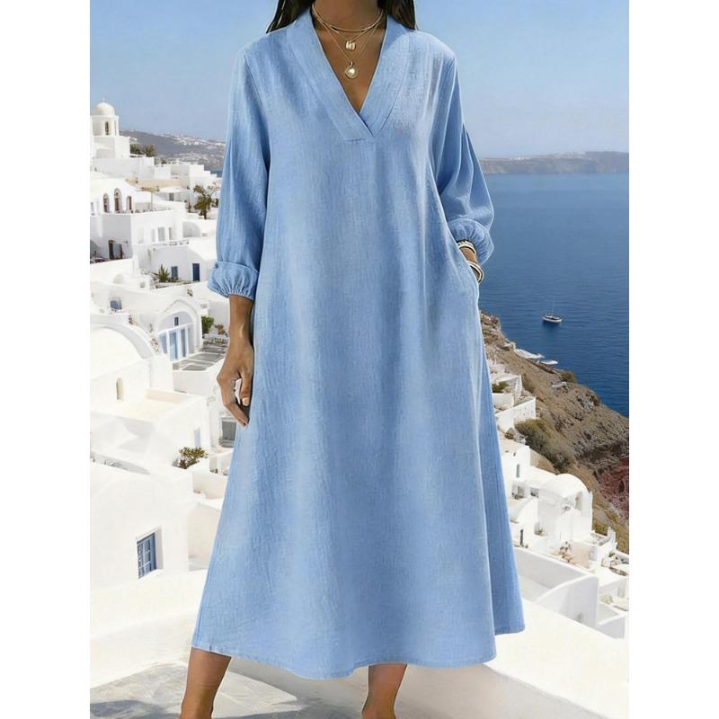 Abito Lungo Estivo da Donna con Scollo a V, Manica 3/4, Tasche, Vestibilità Larga, Casual, Traspirante