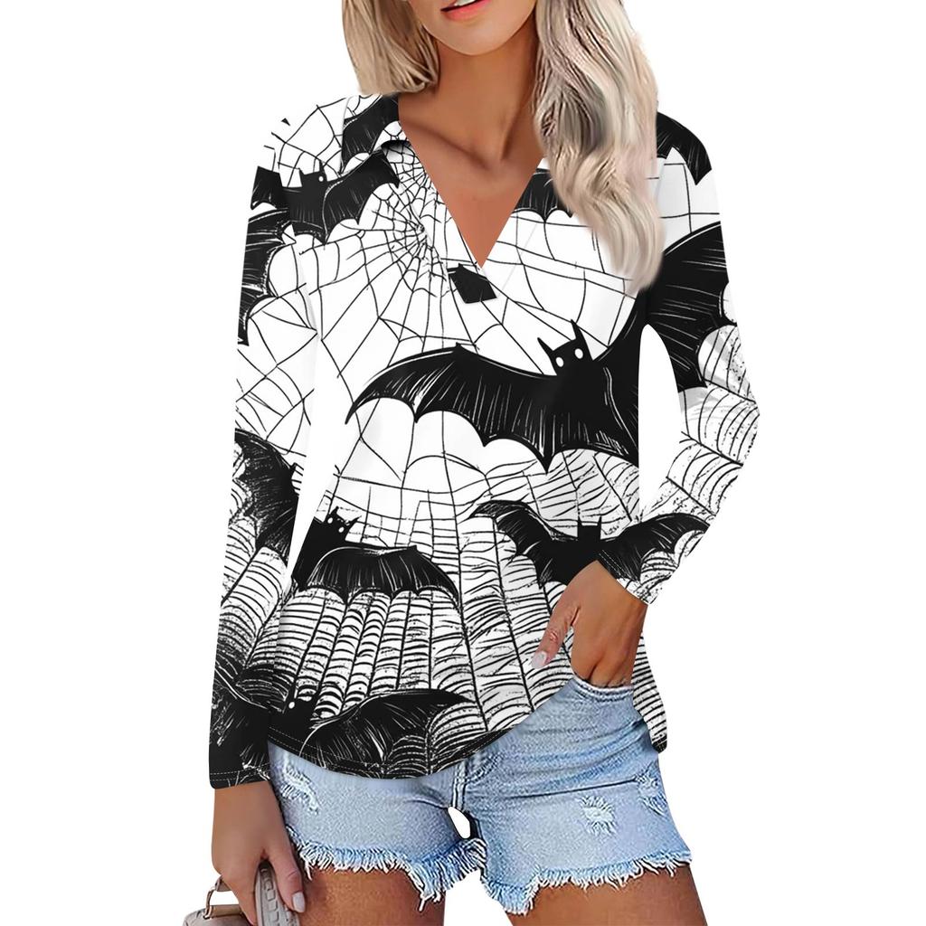 Women's Summer Fashion Casual  Printed V-Neck Long Sleeve Shirt Top