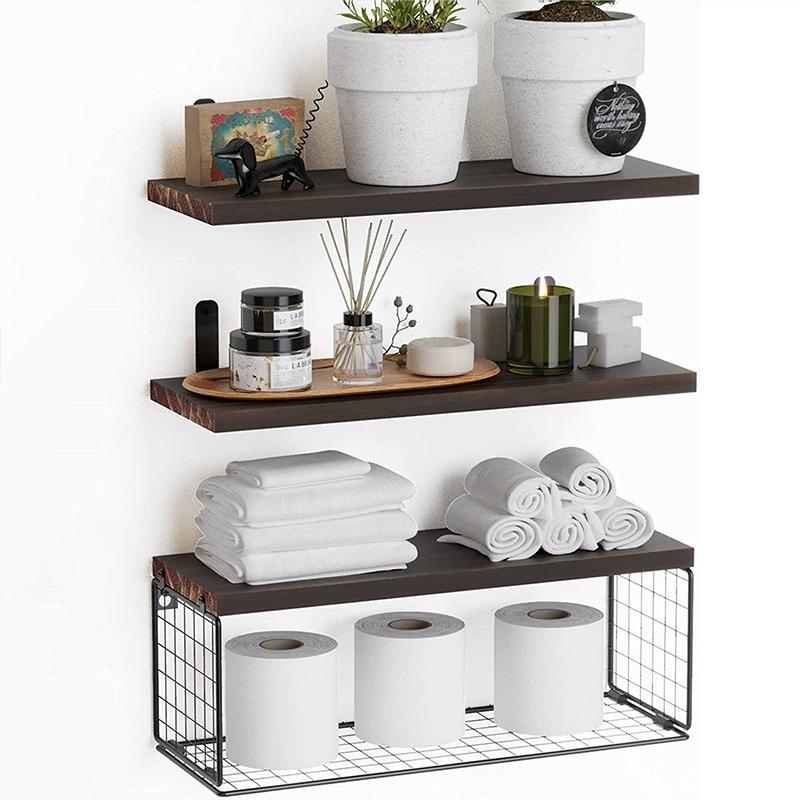 3PCS Floating Shelves Wooden Wall Mounted with Storage Basket Protective Guards for Bathroom Bedroom Wall Decor Living Roo