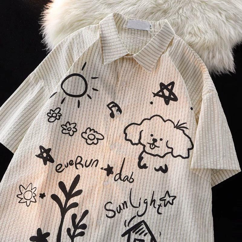 

Graffiti Printed Striped Women s Shirt Button Lapel Short Sleeved Couple s Blouse Loose Casual Summer Trendy Woman Top XL бежевый