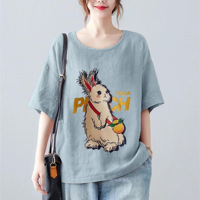 Tops for Women Cotton Summer Large Size T-shirt Round Neck Loose Rabbit Printed Casual Pullover T-shirt Top