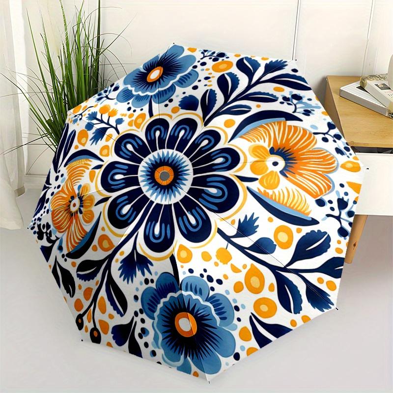 1pc Blue Flower Design Automatic Folding Umbrella - 3 Folding Design, Vivid Cartoon Pattern, Suitable for Outdoor Activities, A Gift for Fan