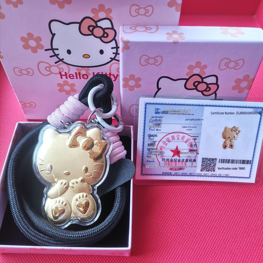 Solid Gold Hello Kitty Cat Pendant Keychain Charm for Mobile Phone or Bag