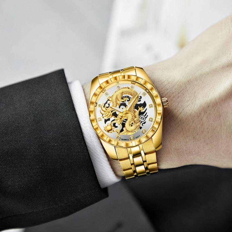 WLISTH Módní zlaté hodinky s drakem Pánské Luxusní Nerezová ocel Business Casual Křemenné Náramkové hodinky Datum Pánské Náramkové hodinky