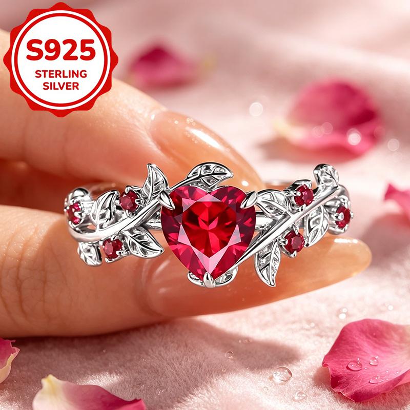 1Shiny item925Sterling silver women's red heart ring for daily wear, vintage floral vine promise ring, hypoallergenic natural ring, gift for