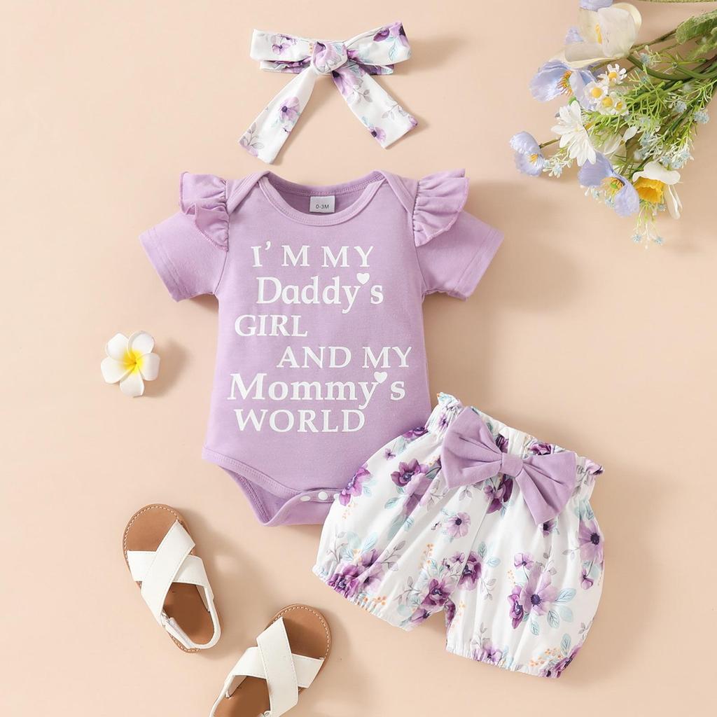 Baby Girl Summer Romper & Shorts Set - "Letter" Top with Belted Flower Pants