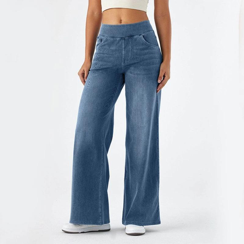 Ladies Wide Leg Trousers Elastic Waistband High Waist Stretch Vertical Trousers Stylish Womens' Casual Pants