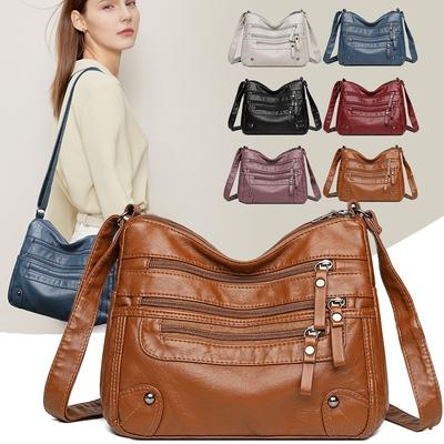 Multi-Pocket Leather Crossbody Bag for Women Vintage Commute Shoulder Bag Middle-aged Mother Crossbody Bag Suitable Daily Commute Work Shopping