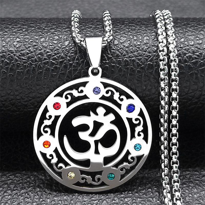 Yoga Meditation OM Symbol Necklace for Women Men Stainless Steel 7 Chakra Reiki Healing Buddhist Chain Jewelry Collier N9721S01