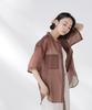 Nano Universe Band Collar Sheer Short Sleeve Size F Women's Shirt, 050, Brown, 673-5121321