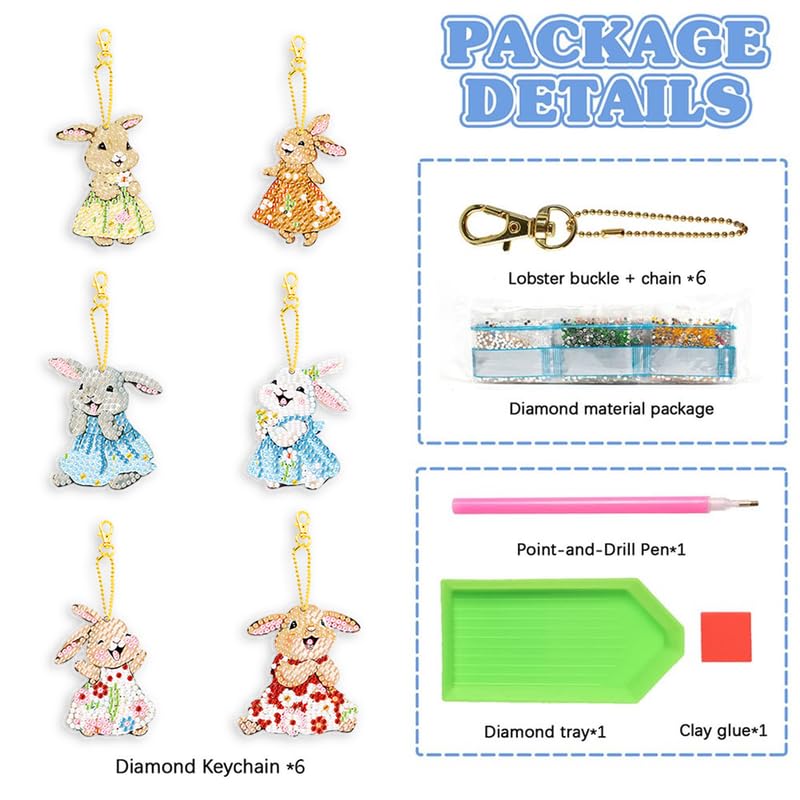 Diamond Art Keychain DIY Handmade Painting Craft 5D Mosaic Art Diamond Special Shape Diamond Keychain Bag Accessories Rabbit Diamond Painting 6-Piece