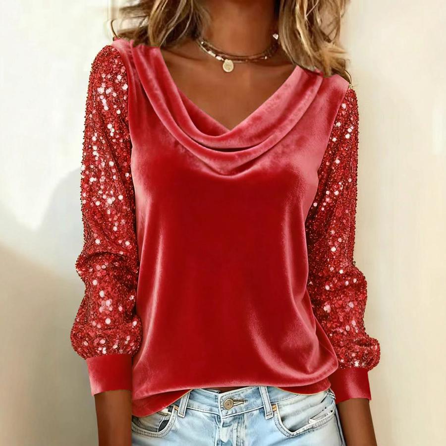 

New Fashion Women s Velvet Pile Neck Patchwork Long Sleeve T-Shirt Top XXL темно-червоний колір