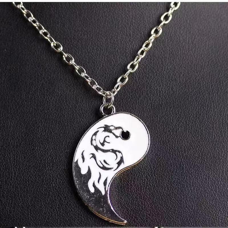 Silver Tai Chi Double Dragon Zodiac Pendant Necklace
