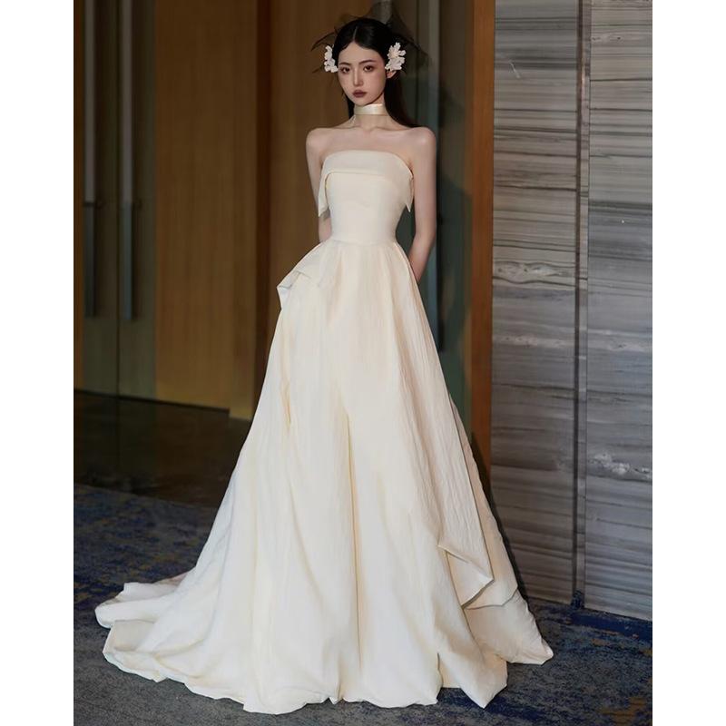 Tube Top Satin Light Wedding Dress Bride 1011 Mori Simple Retro Dress White Engagement Welcome Dress